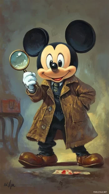As a clever little detective, Mickey Mouse inspects clues with a magnifying glass in hand.