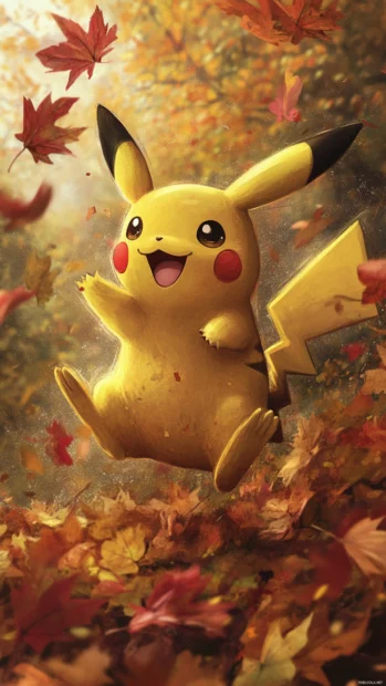 As autumn leaves swirl, Pikachu leaps into a colorful pile with joy.