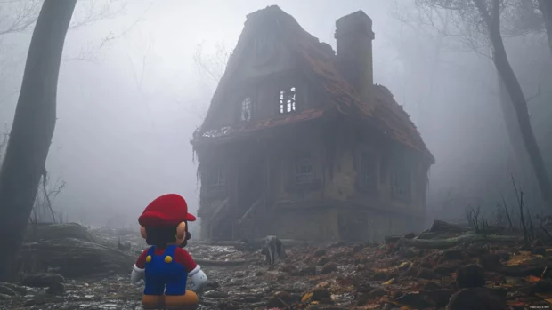 As fog settles in the woods, Mario discovers a hidden ghost house in Super Mario World.