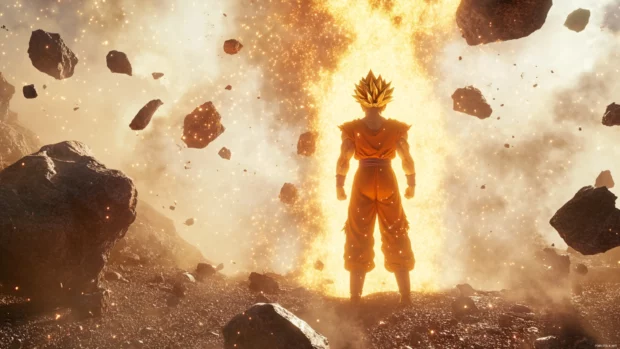 As he steps onto the battlefield, Gokus hair glows gold and rocks float upward.