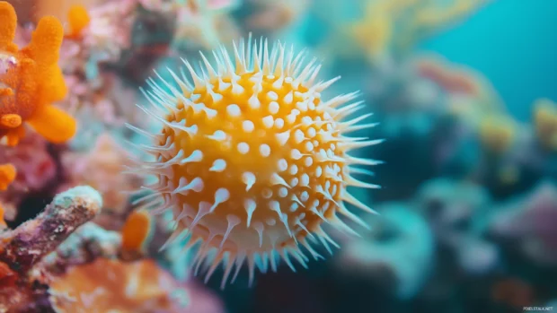 As it hovers near colorful coral, an underwater close up reveals a pufferfish with intricate textures on its skin and its spines slightly raised.