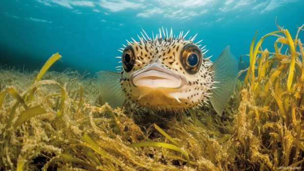 As ocean currents gently sway, a serene scene features a pufferfish with its body puffed out with delicate spines visible, resting in a patch of seagrass.