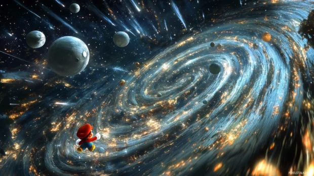 As shooting stars race past, Mario navigates a spiral path of orbiting moons.