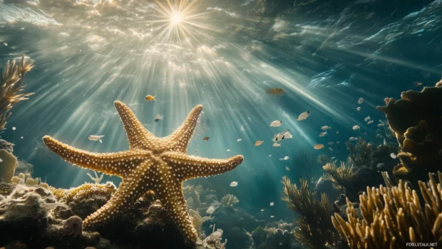 As small fish swim around, a starfish with spiny arms spread out clings to a coral reef, in a peaceful underwater ambiance.