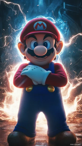 As spotlights shine from above, Mario crosses his arms and grins with power crackling around him.