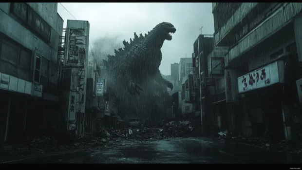 Ashes rain down as Shin Godzilla surveys the ruined streets.