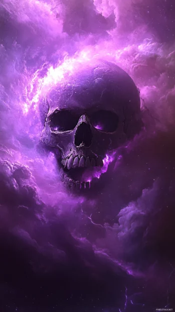Astral skull glowing in purple dust storm over void.