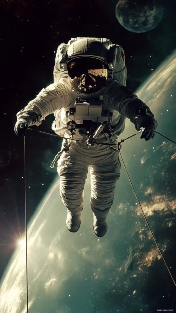 Astronaut balancing on a tightrope cable stretched between two satellites.