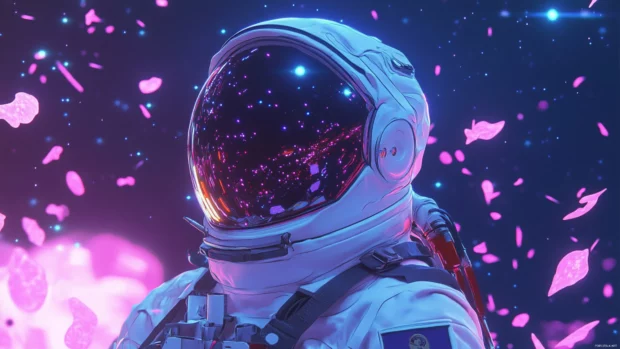 Astronaut desktop 4K background with neon cosmic dust and stars lighting the entire screen.