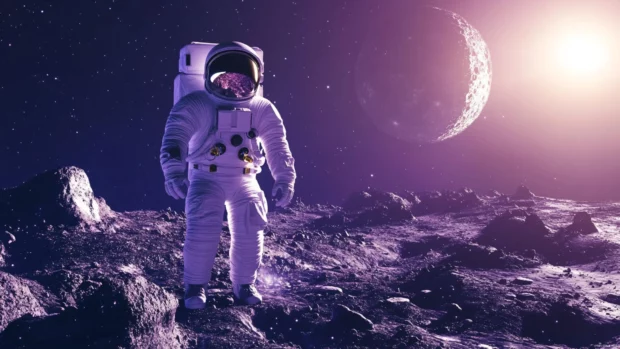 Astronaut exploring a meteor field under purple skies, the perfect Astronaut in Space Desktop Wallpaper choice for science fiction lovers.