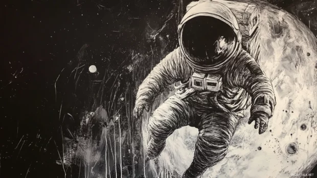 Astronaut floating across moon made of street art ink.