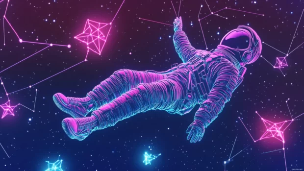 Astronaut floating past neon constellations.