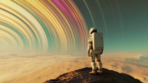 Astronaut standing on a distant exoplanet with colorful rings in the sky, a breathtaking Astronaut in Space Wallpaper for widescreen monitors.