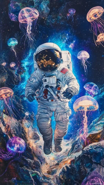 Astronaut surrounded by glowing jellyfish like creatures drifting through cosmic currents.