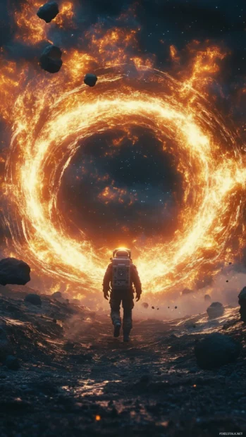 Astronaut walking toward a glowing portal surrounded by floating asteroids, captured in an epic Astronaut in Space Wallpaper for phones.