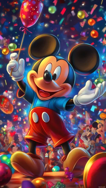 At a bright and lively party, Mickey Mouse shares laughter and fun with his friends.