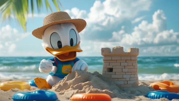 At the beach, Donald Duck builds a sandcastle wearing a bucket hat and floaties.