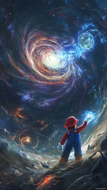 At the heart of a swirling galaxy, Mario reaches for a legendary cosmic flower.
