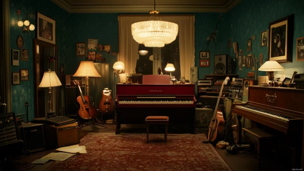 Atmospheric vintage studio, classic microphones, acoustic panels, warm light, cozy vibe.