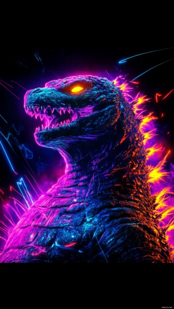Atomic Godzilla wallpaper for iPhone with night illumination effects.
