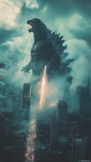 Atomic breath blast lighting up city in cool Godzilla wallpaper vertical.