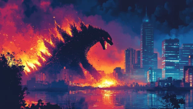 Atomic breath lighting up city ruins in vivid Godzilla 4K desktop wallpapers.