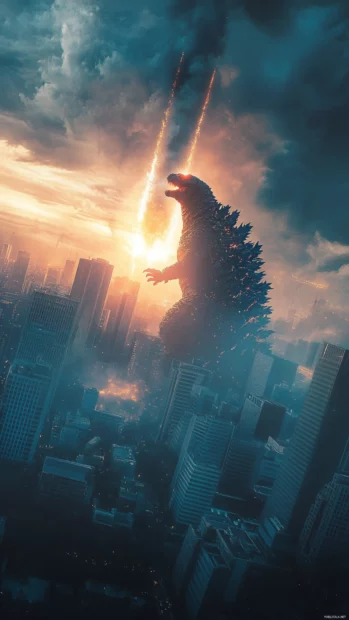 Atomic breath radiating light over buildings in Godzilla iPhone wallpapers HD and 4K.