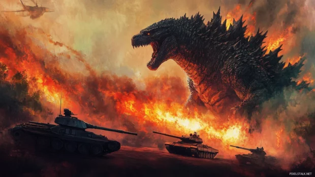 Atomic flame blazing from Godzillas back while he towers above tanks.