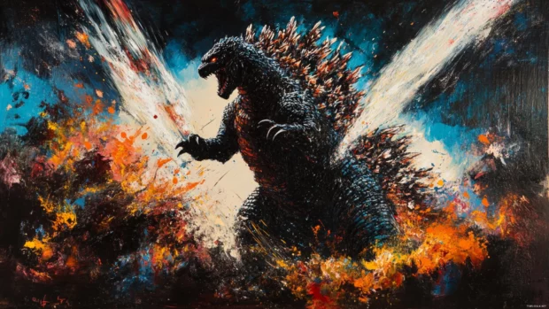 Atomic trails burn bright as Godzilla charges forward into darkness.