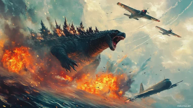 Atomic wave erupts from Godzilla as aircrafts flee overhead.