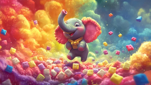 Atop a hill of marshmallows, a cheerful Bouncing Elephant dances through colorful rain.