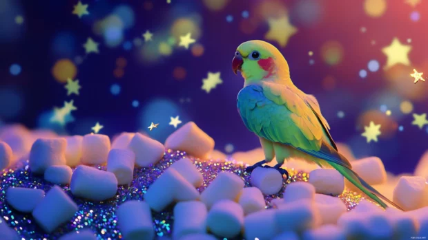 Atop a hill of marshmallows, a dancing Singing Parrot twirls around sparkly stars.