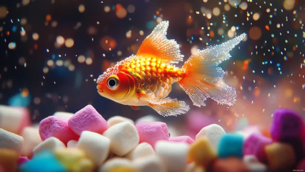 Atop a hill of marshmallows, the Goldfish Bubble dances through colorful rain.