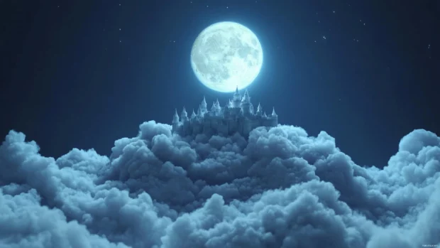 Atop a hill of marshmallows, the Shimmering Moon builds castles from clouds.