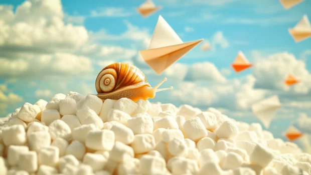 Atop a hill of marshmallows, the sleepy Snail Parade flies among paper planes.