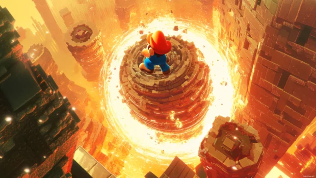 Atop a spiraling tower of bricks, Mario faces off against a Mega Goomba in an epic duel.