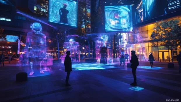 Augmented reality projections in a public square, Cyberpunk vibes.