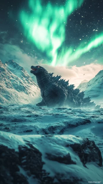 Aurora flashes in sky while Godzilla stalks a snowy valley.