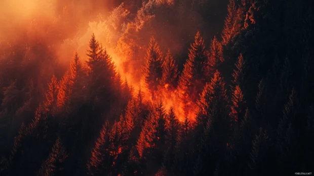 Autumn colors explode in a fiery palette across a mountain forest.