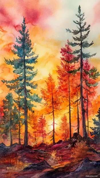 Autumn forest ablaze with colors under a watercolor sunset.