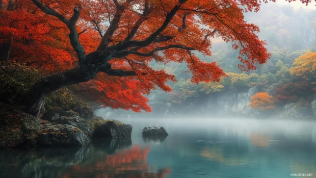 Autumn leaves desktop background featuring maple trees drifting softly across a misty river.