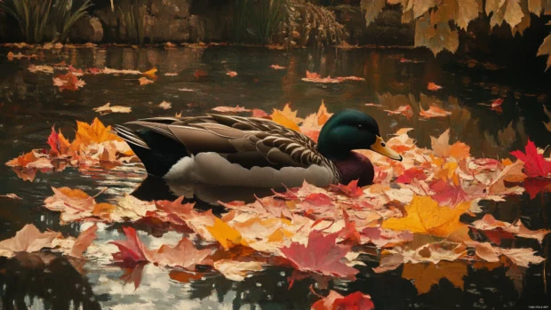 Autumn leaves float alongside a resting duck in a shallow pool.