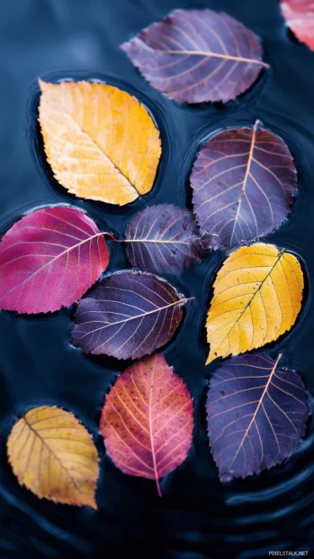 Autumn leaves vibrant, serene pond floating, gentle ripples spreading delicate arrangement.