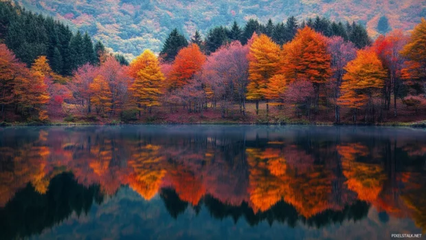 Autumn sunrise wallpaper for desktop featuring maple trees reflected on a glassy mountain lake.