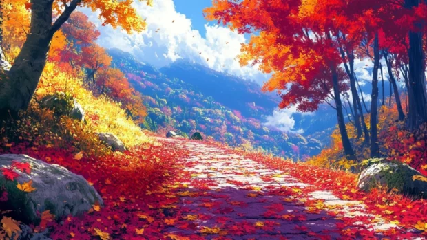 Autumn trail covered with red and yellow leaves, frequently searched as fall landscape PC wallpapers.
