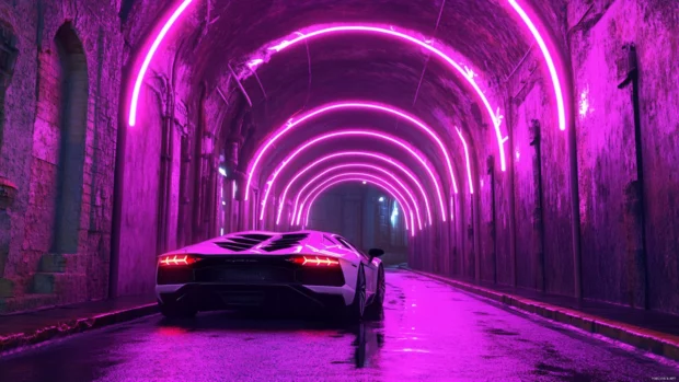 Aventador drifting under neon arches in a futuristic alley.