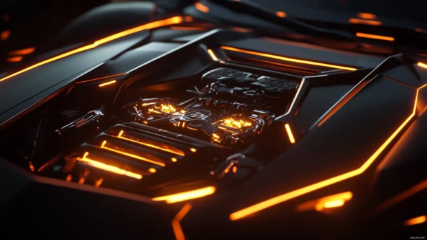 Aventador engine glowing in low light with visible V12 mechanics.