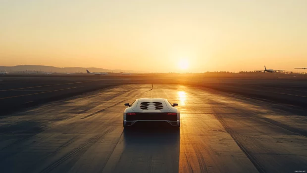 Aventador parked on an empty airport runway at golden hour.
