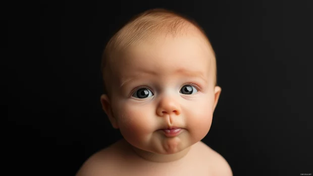 Baby boy close up, rosy cheeks, tiny dimples, curious gaze.
