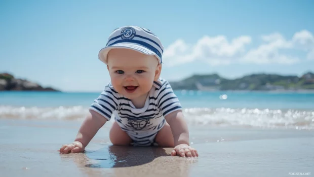 Baby boy in a sailor outfit crawling on a beach with gentle waves and a clear blue sky behind him.